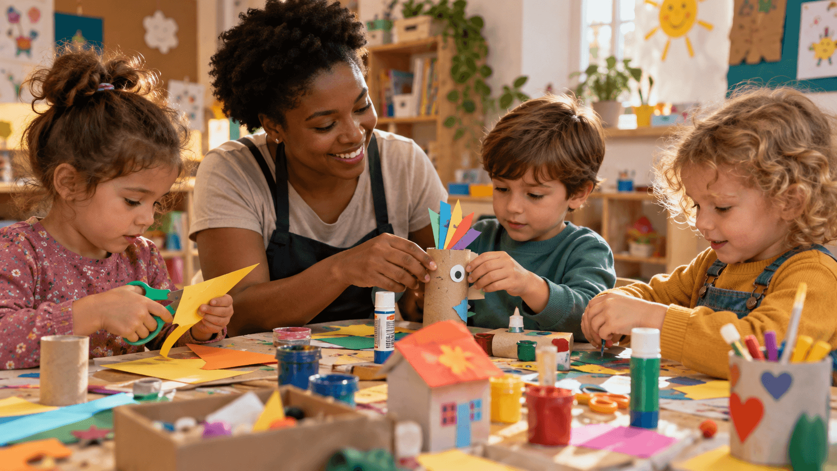 Monitora de extraescolares haciendo manualidades con niños pequeños