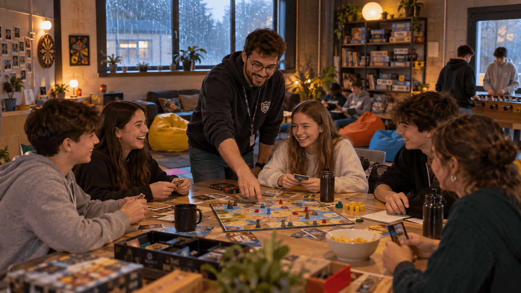 Animador sociocultural jugando a juegos de mesa con un grupo de adolescentes