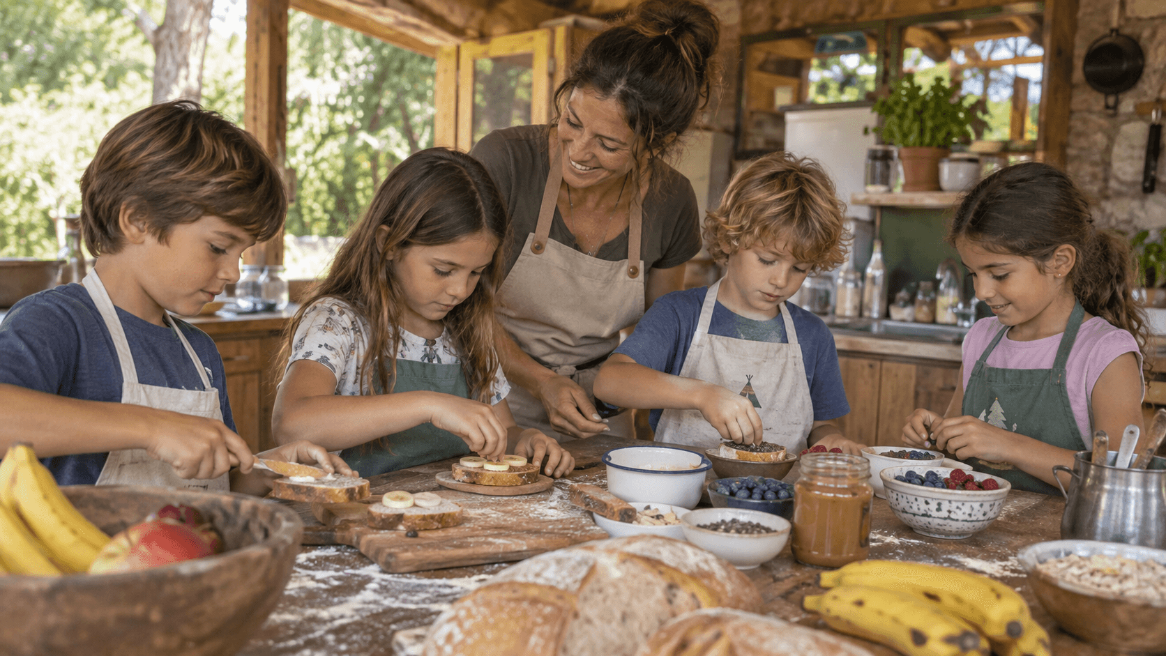 Monitora ayudando a niños a preparar meriendas en la cocina
